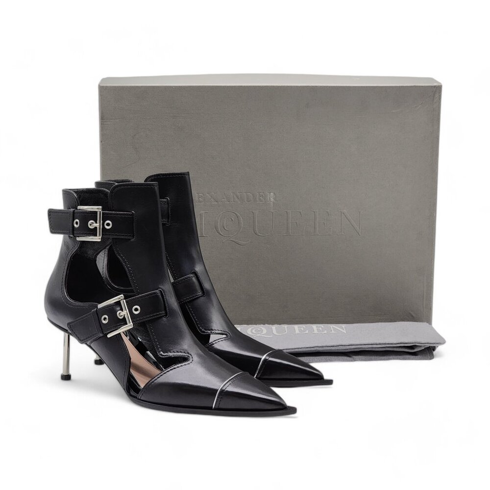 Alexander McQueen Cage Buckle Leather Ankle Booties Black - Picture 1 of 9
